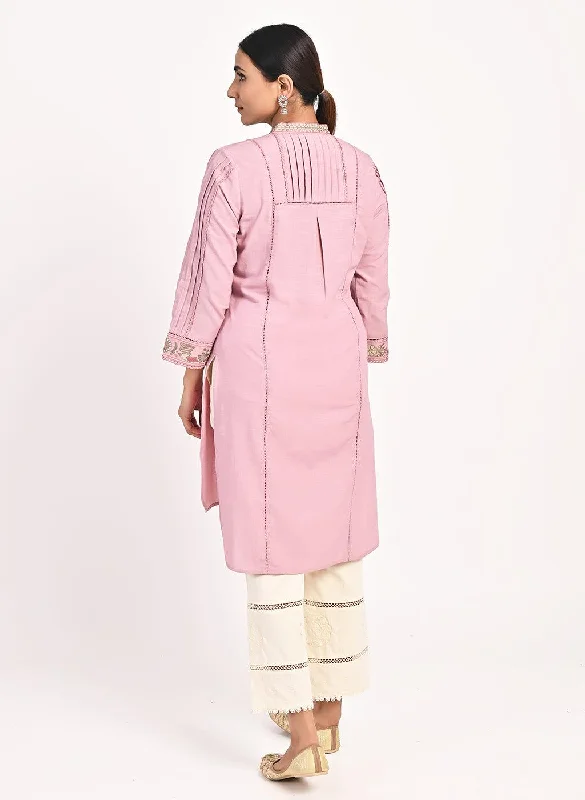 Pink Embroidered Band Collar Tunic with Front Yoke Embroidery