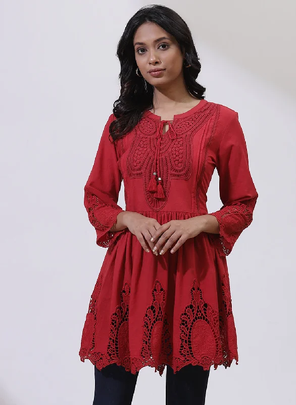 Red Phool Collection Tunic With Schiffli Embroidery