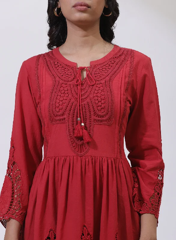 Red Phool Collection Tunic With Schiffli Embroidery