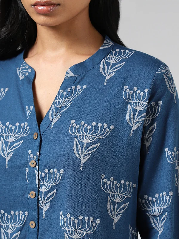 Utsa Blue Floral Block Printed Kurti