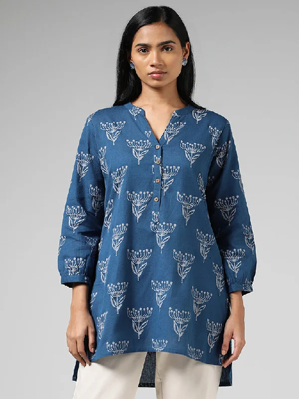 Utsa Blue Floral Block Printed Kurti