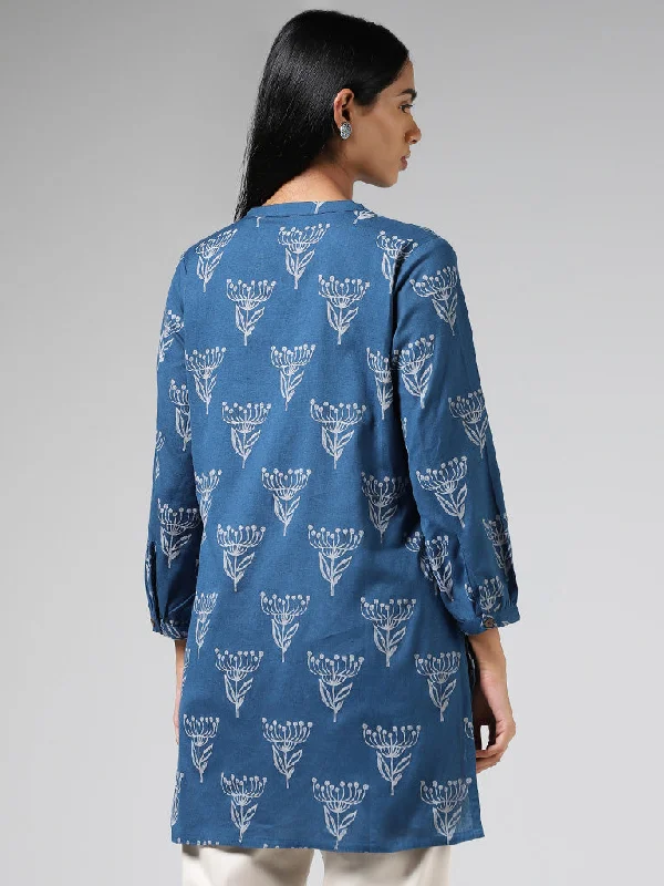 Utsa Blue Floral Block Printed Kurti