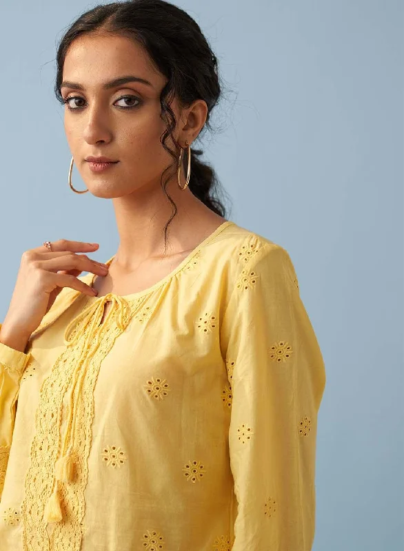 Yellow Schiffli Embroidered Tunic with Lace Insert