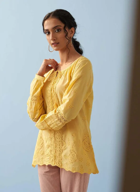 Yellow Schiffli Embroidered Tunic with Lace Insert