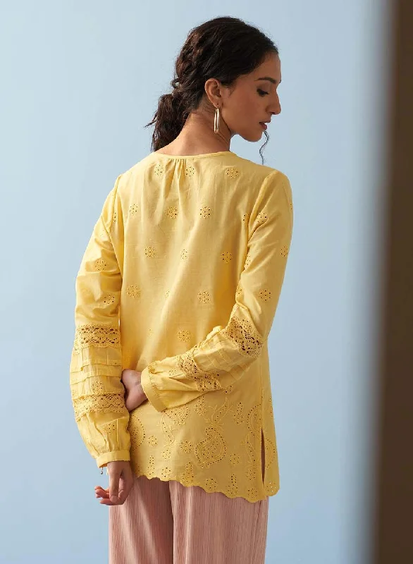 Yellow Schiffli Embroidered Tunic with Lace Insert