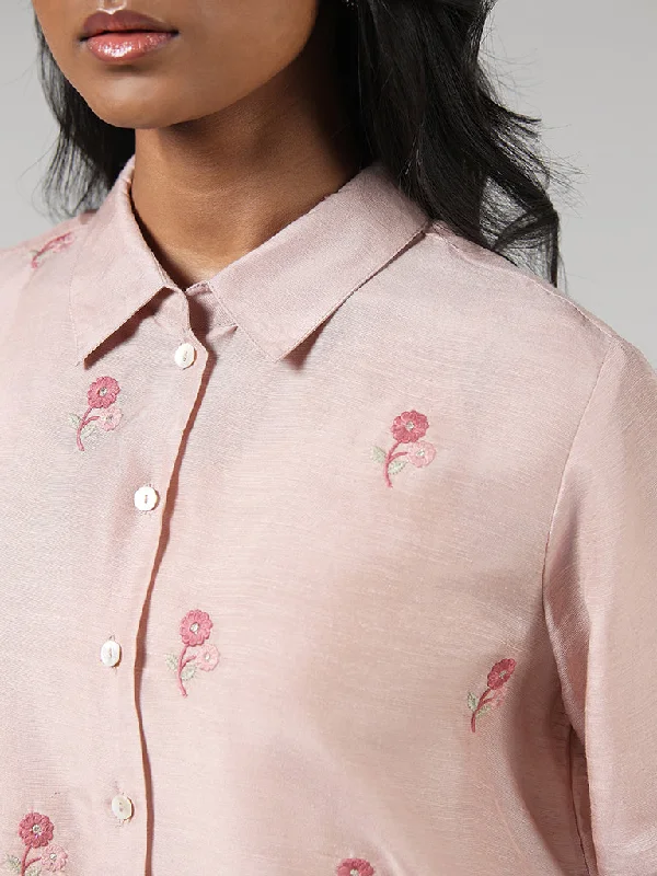 Zuba Nude Pink Floral Embroidered Buttondown Kurti