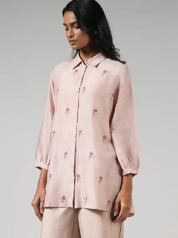 Zuba Nude Pink Floral Embroidered Buttondown Kurti