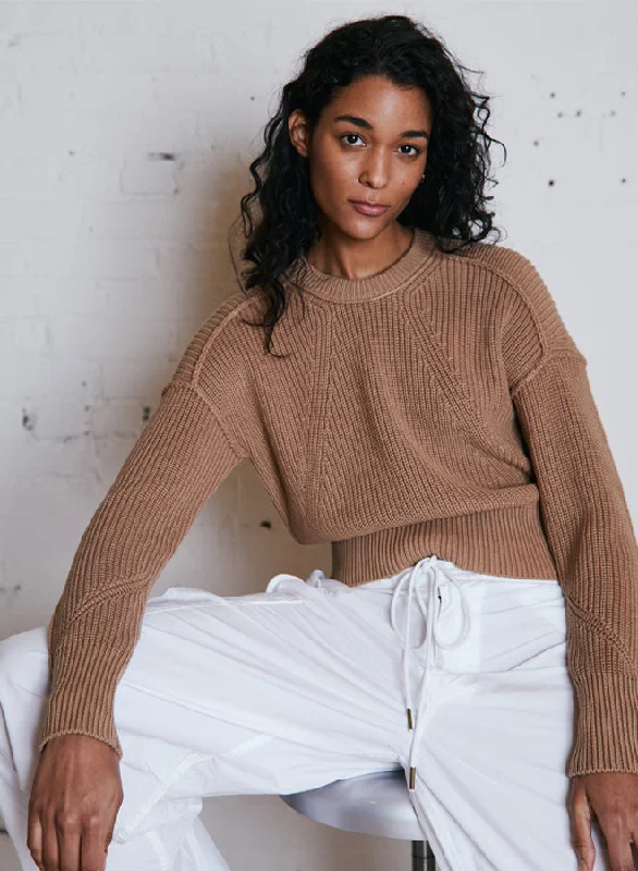 Autumn Cashmere Exposed Seam Shaker Crewneck Sweater in Camel