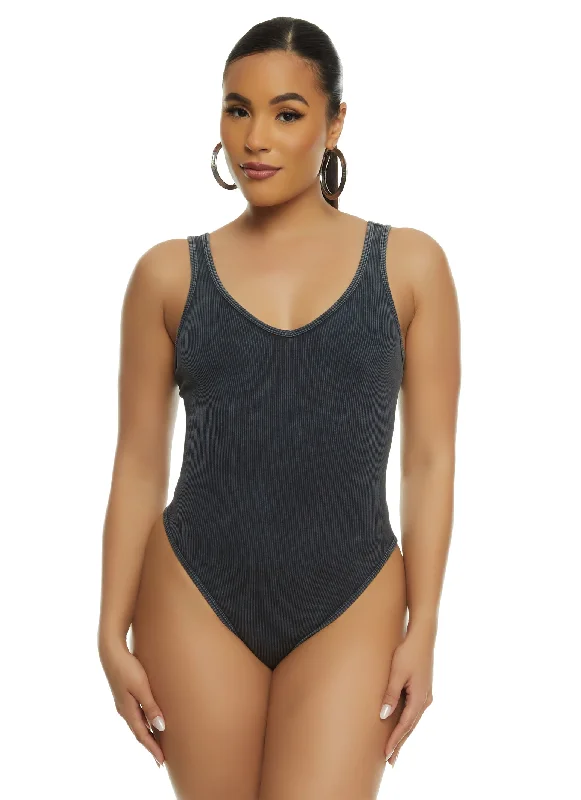 Ribbed Knit Acid Wash Seamless Tank Bodysuit