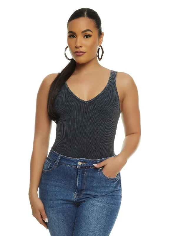 Ribbed Knit Acid Wash Seamless Tank Bodysuit