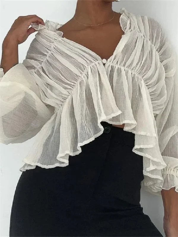 Women's Mesh Sheer See Through Crop Tops Sleeve Deep V Neck Solid Ruched Ruffles Blouse