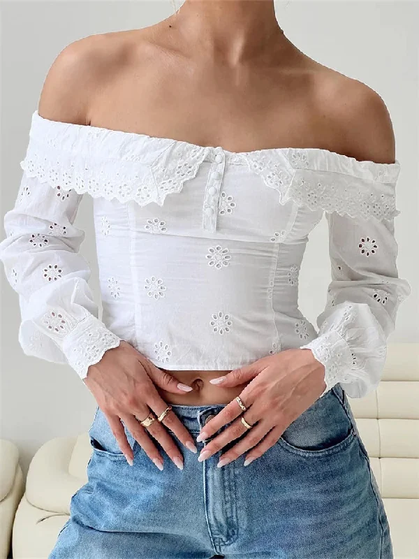 Women's Lace Flowers Hollow Out Crop Tops Long Sleeve Slash Neck Off Shoulder Ruffles Solid Blouse