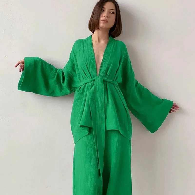 French Loose Gown Trousers Double Gauze Ladies Pajamas