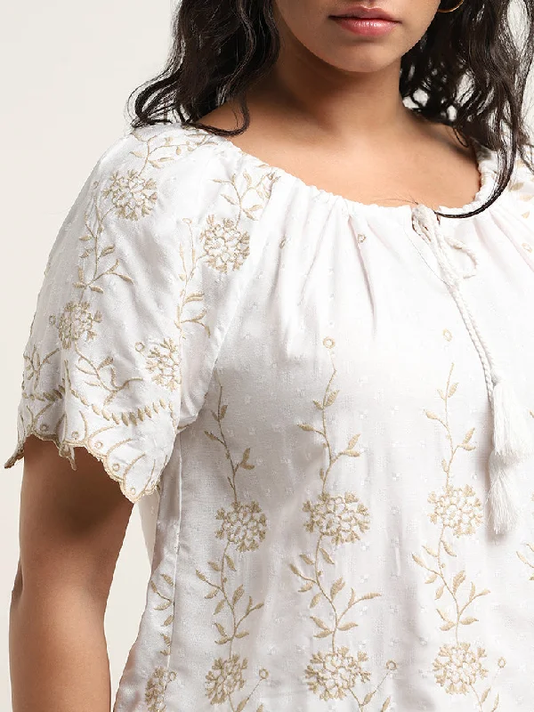 Gia White Floral Embroidered Cotton Blouse