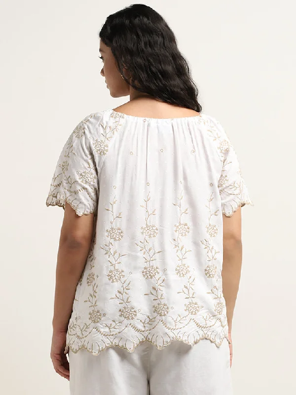 Gia White Floral Embroidered Cotton Blouse