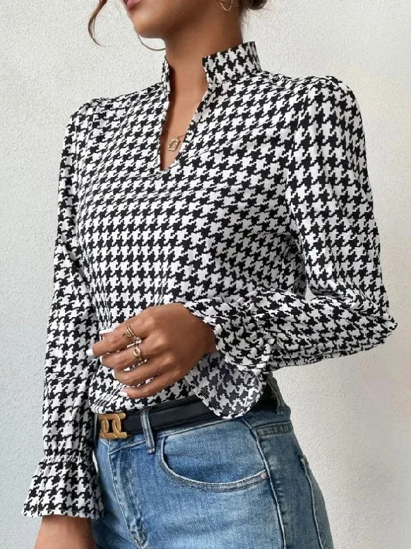 Houndstooth V-neck Long Sleeve Top Women