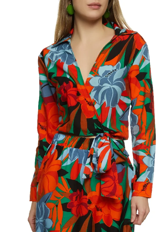 Printed Tie Waist Faux Wrap Blouse