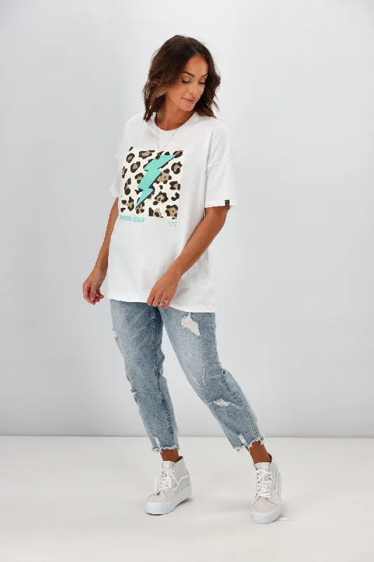 Rebel Club By Shine On Cheetah Bolt Boyfriend Tee Optical White