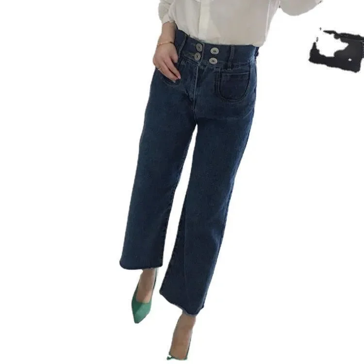 Retro High Waist Wash Double Breasted Pocket Loose Slimming And Wide Leg Denim Trousers For Women