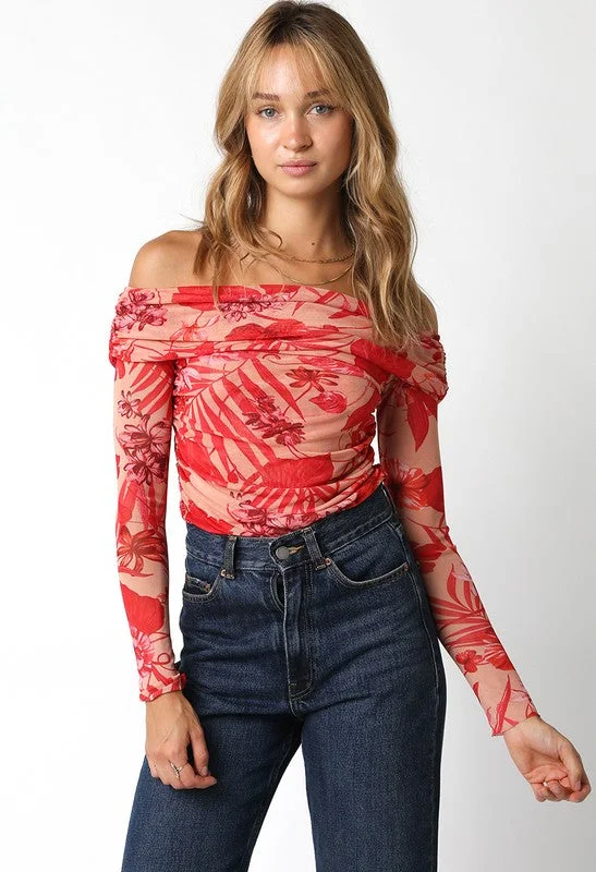 Waitlist 8/4 ♥ Sawyer Long Sleeve Off The Shoulder Floral Print Bodysuit Red