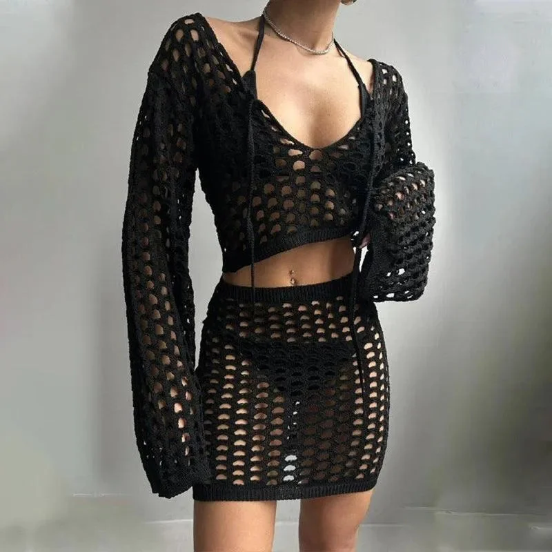 Solid Color Knitted Stand-up Collar Bikini Swimsuit Blouse Suit