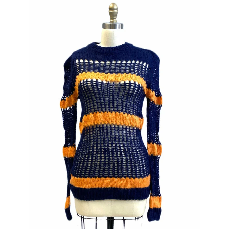 Vintage Mission Bay Korea Long Blue Orange Striped Sweater Womens S Open Knit