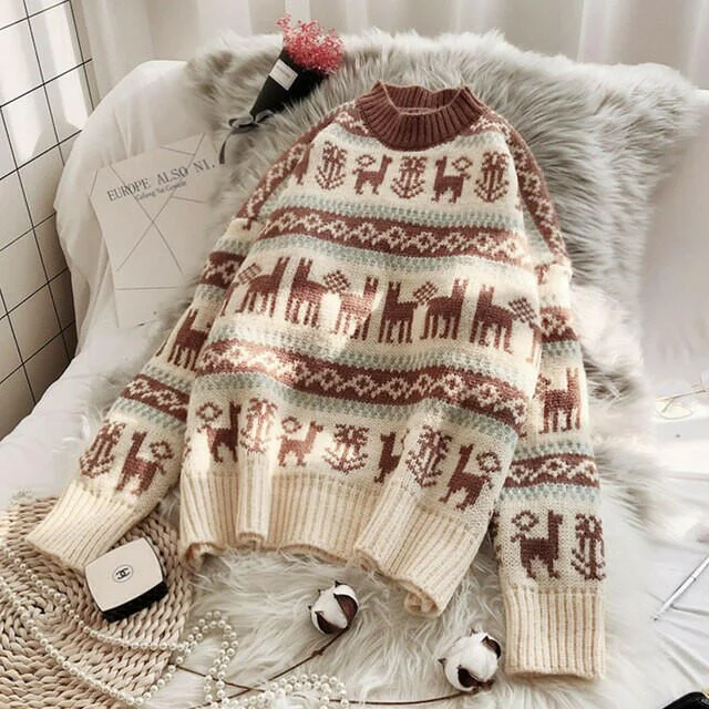 Women Knitted Christmas Sweater Autumn Winter New Loose Harajuku O-Neck Full Warm Wild Female Korean Version Pullover