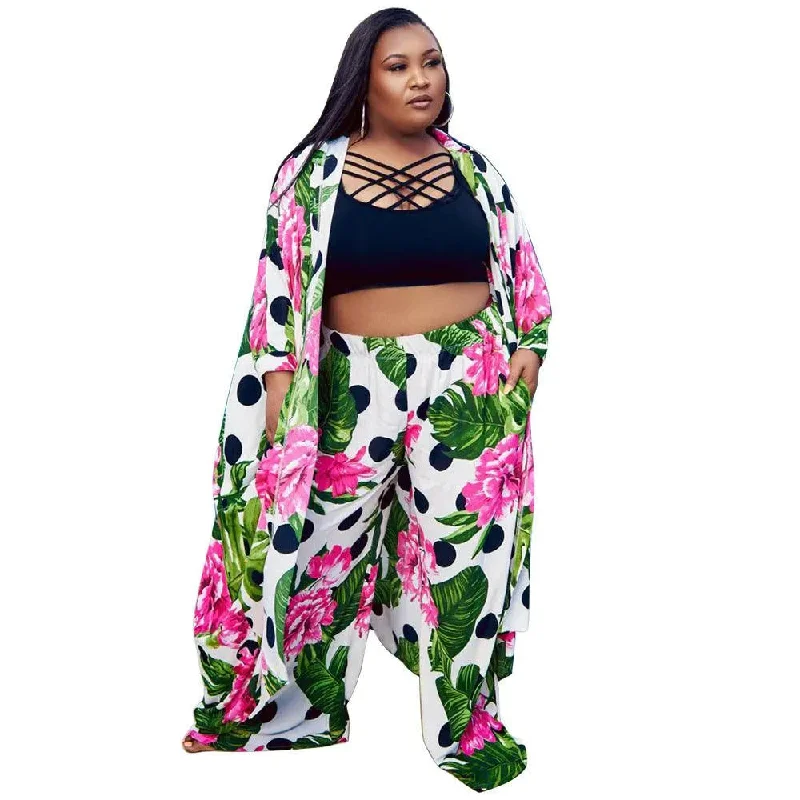 Trendy European and American Ruffle Sleeve Women's Printed Pants Coat Set