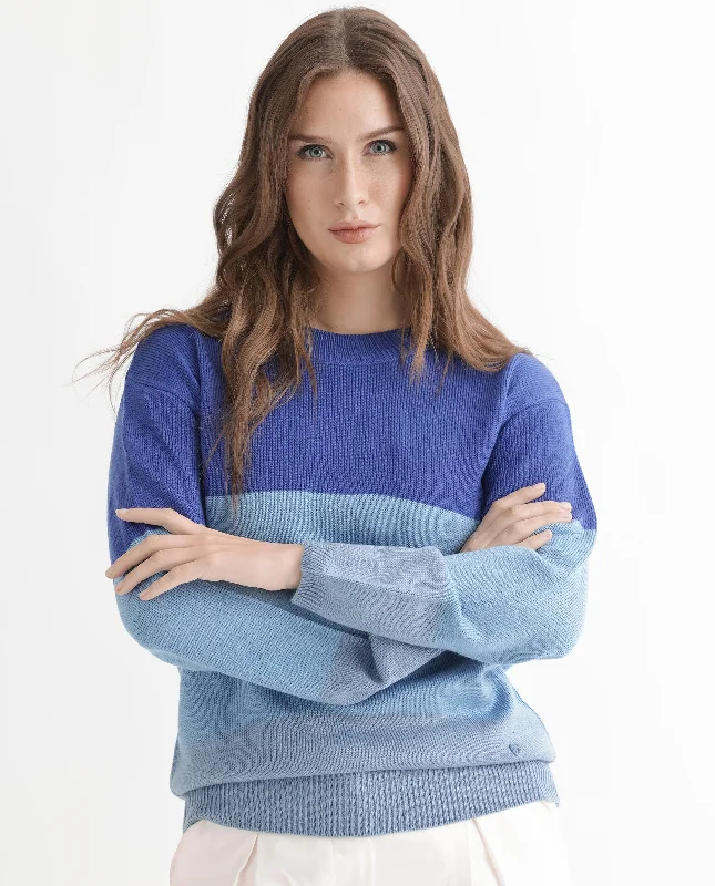 Rareism Women'S Hampshire Blue Acrylic Fabric Full Sleeves Round Neck Relaxed Fit Color Blocked Sweater