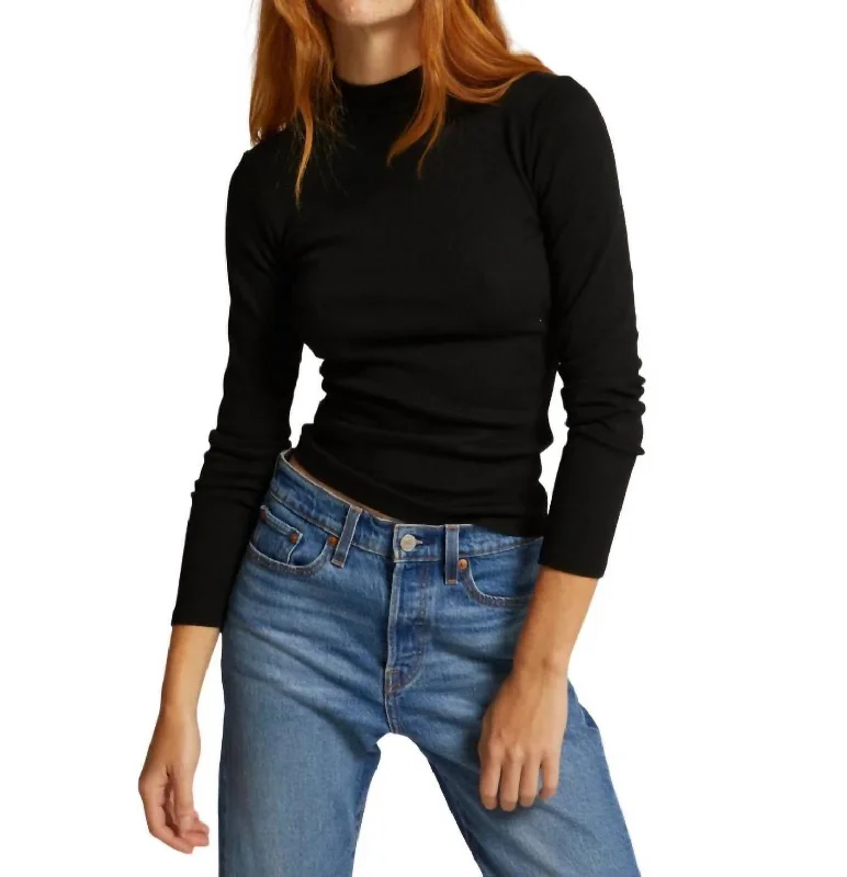 Lauryn Mock Neck Rib Long Sleeve Top In True Black