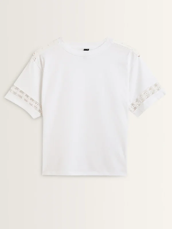 LOV White Floral Detailed Cotton T-Shirt