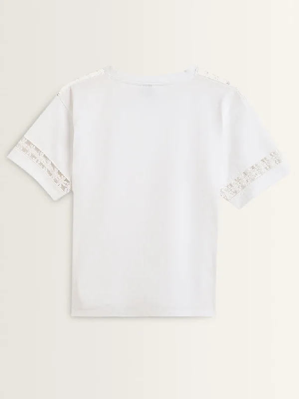 LOV White Floral Detailed Cotton T-Shirt