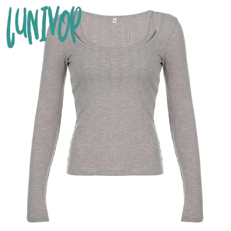 Lunivop Simple Casual Solid Two Pieces Set Y2k Aesthetic Knitted All Match Ins Tanks + Autumn Vintage Grunge Long Sleeve Women T-shirts