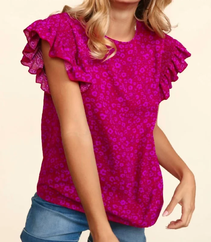 Round Neck Floral Top With Back Neck Button In Multi