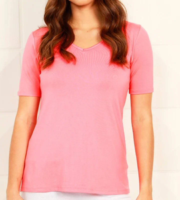 Short Sleeve V-Neck T Shirt In Coral