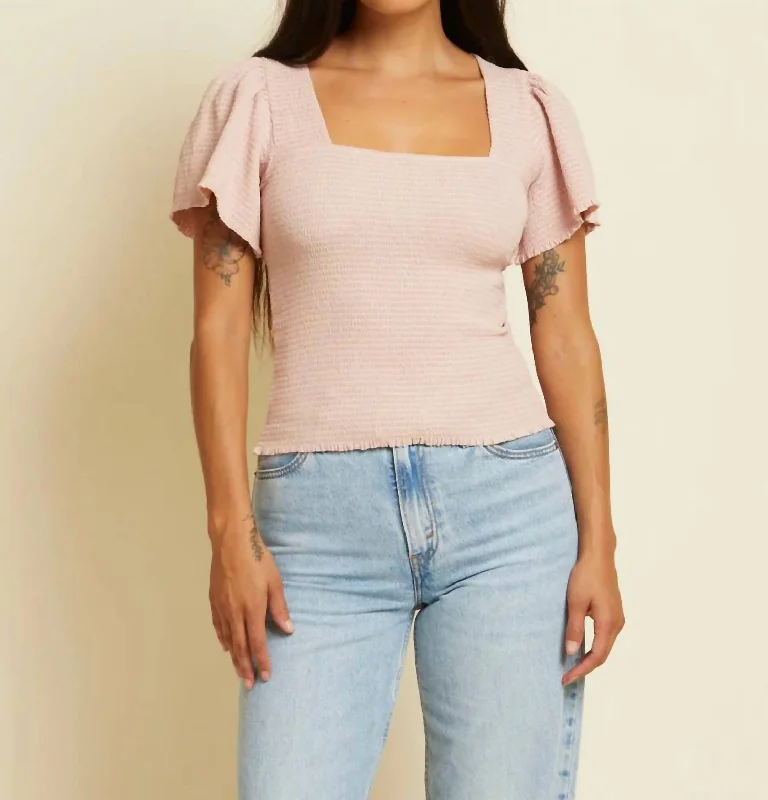 Smocked Flutter Tee Top In Light Pink