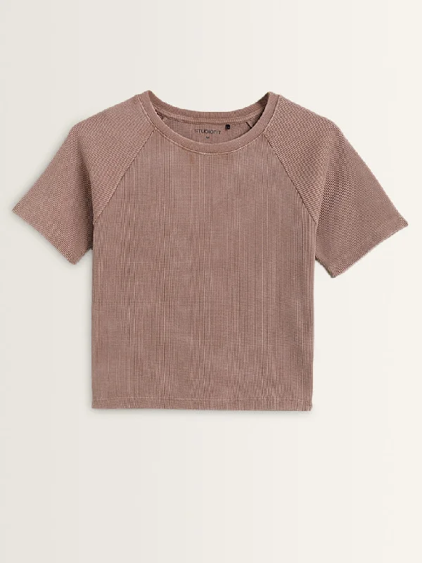 Studiofit Brown Waffle-Textured Cotton T-Shirt