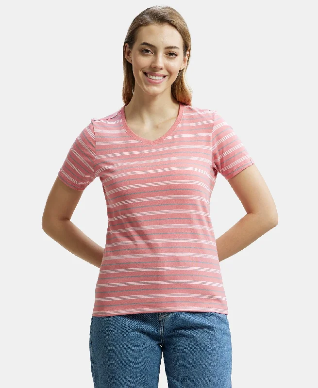 Super Combed Cotton Elastane Stretch Regular Fit Yarn Dyed Striped V Neck Half Sleeve T-Shirt - Peach Blossom