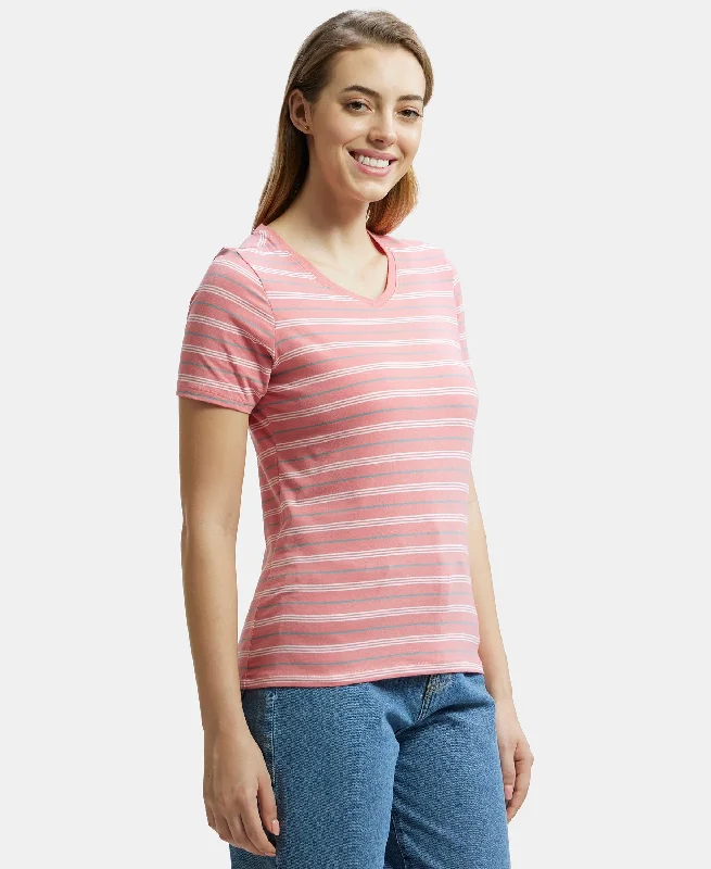 Super Combed Cotton Elastane Stretch Regular Fit Yarn Dyed Striped V Neck Half Sleeve T-Shirt - Peach Blossom