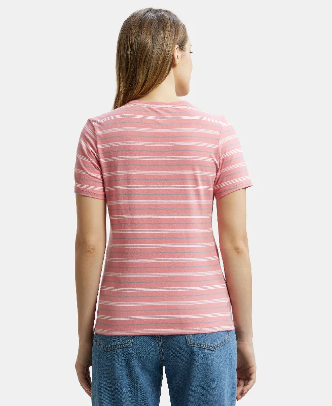 Super Combed Cotton Elastane Stretch Regular Fit Yarn Dyed Striped V Neck Half Sleeve T-Shirt - Peach Blossom