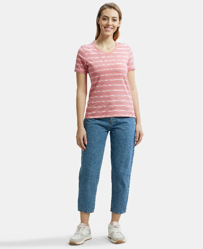 Super Combed Cotton Elastane Stretch Regular Fit Yarn Dyed Striped V Neck Half Sleeve T-Shirt - Peach Blossom