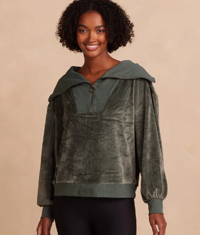 The Plush Velour Half-Zip Pullover - Olive