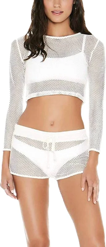 Women Sarah Long Sleeve Seamless Fit Mesh Cropped Top In White