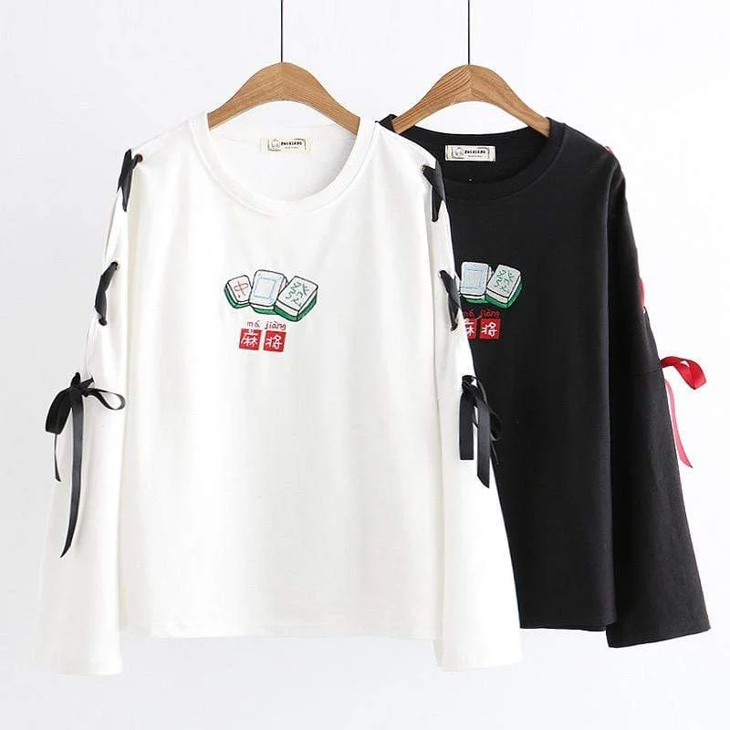 Women's Casual Mahjong Printed Lace-up Sleeved Sweaters