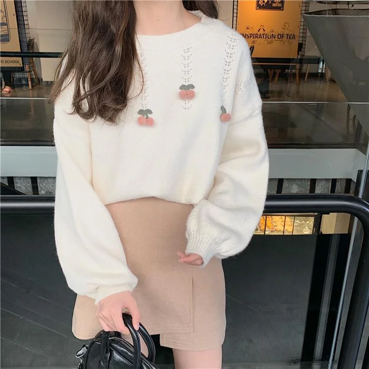 Women's Cute Puff Sleeved Cherry Knitted Sweater