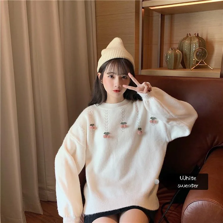 Women's Cute Puff Sleeved Cherry Knitted Sweater