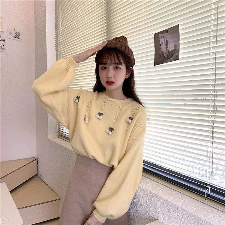 Women's Cute Puff Sleeved Cherry Knitted Sweater