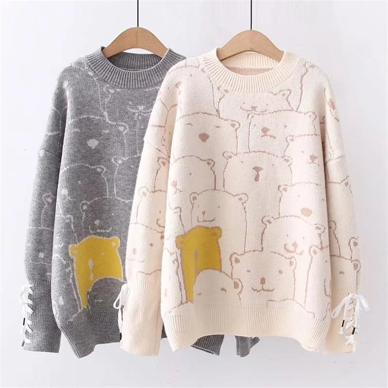 Women's Kawaii Bears Emoji Lace-up Sleeve Loose Sweaters