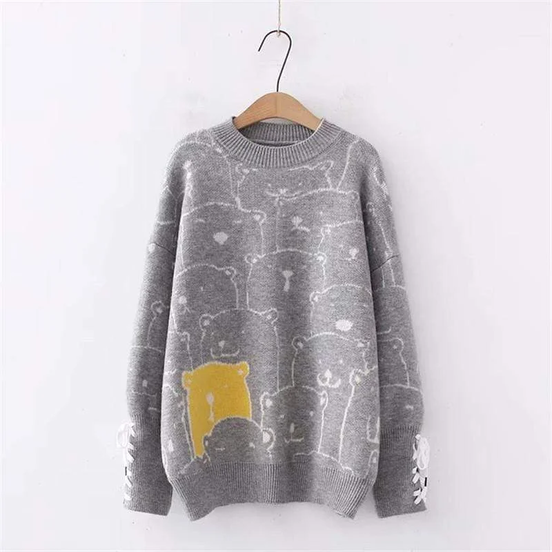 Women's Kawaii Bears Emoji Lace-up Sleeve Loose Sweaters