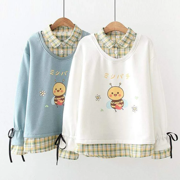 Women's Kawaii Little Bee Lace-up Sweaters Splicing Plaid Shirts